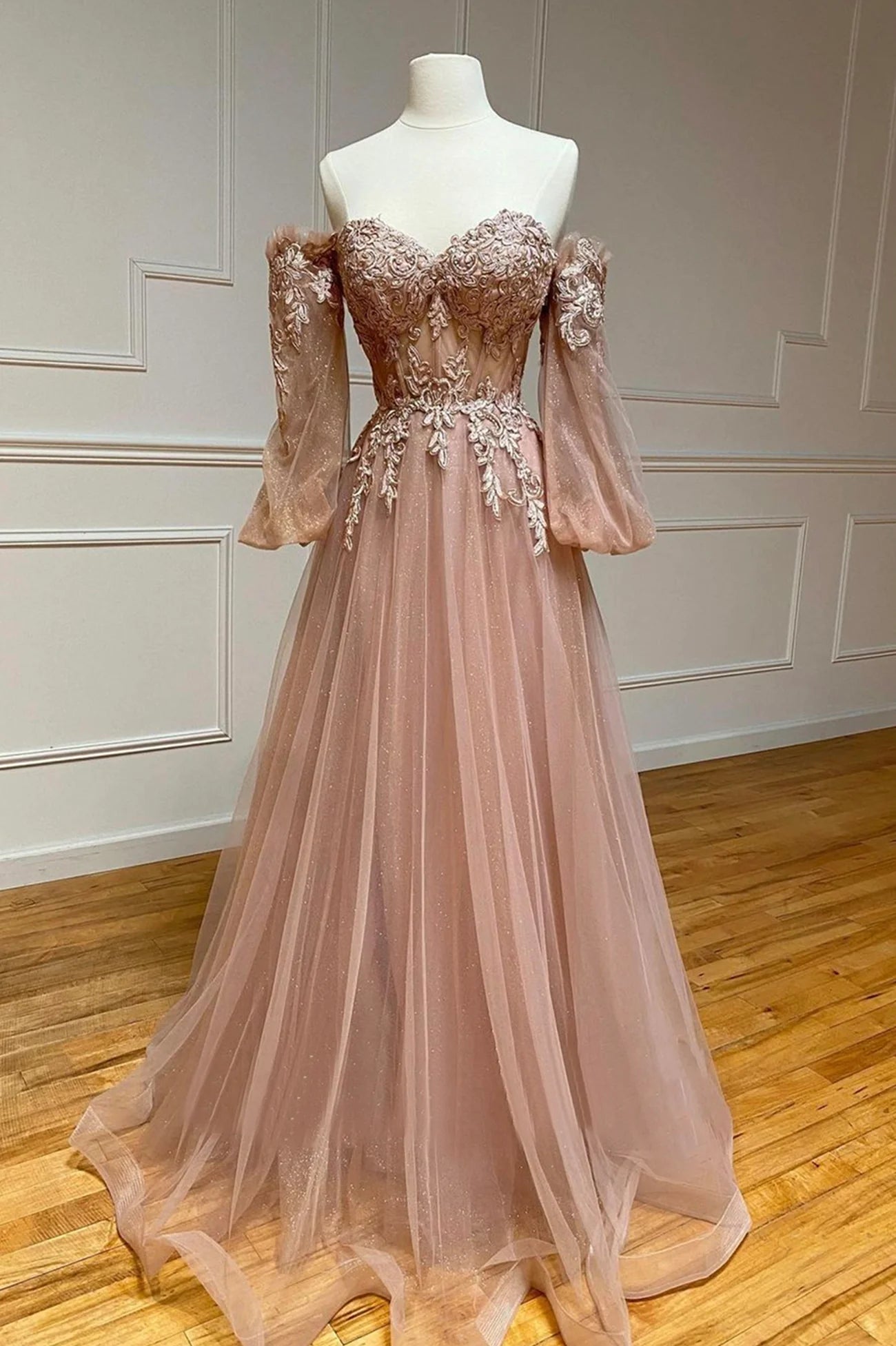 A-Line Off the Shoulder Tulle Lace Long Prom Dresses